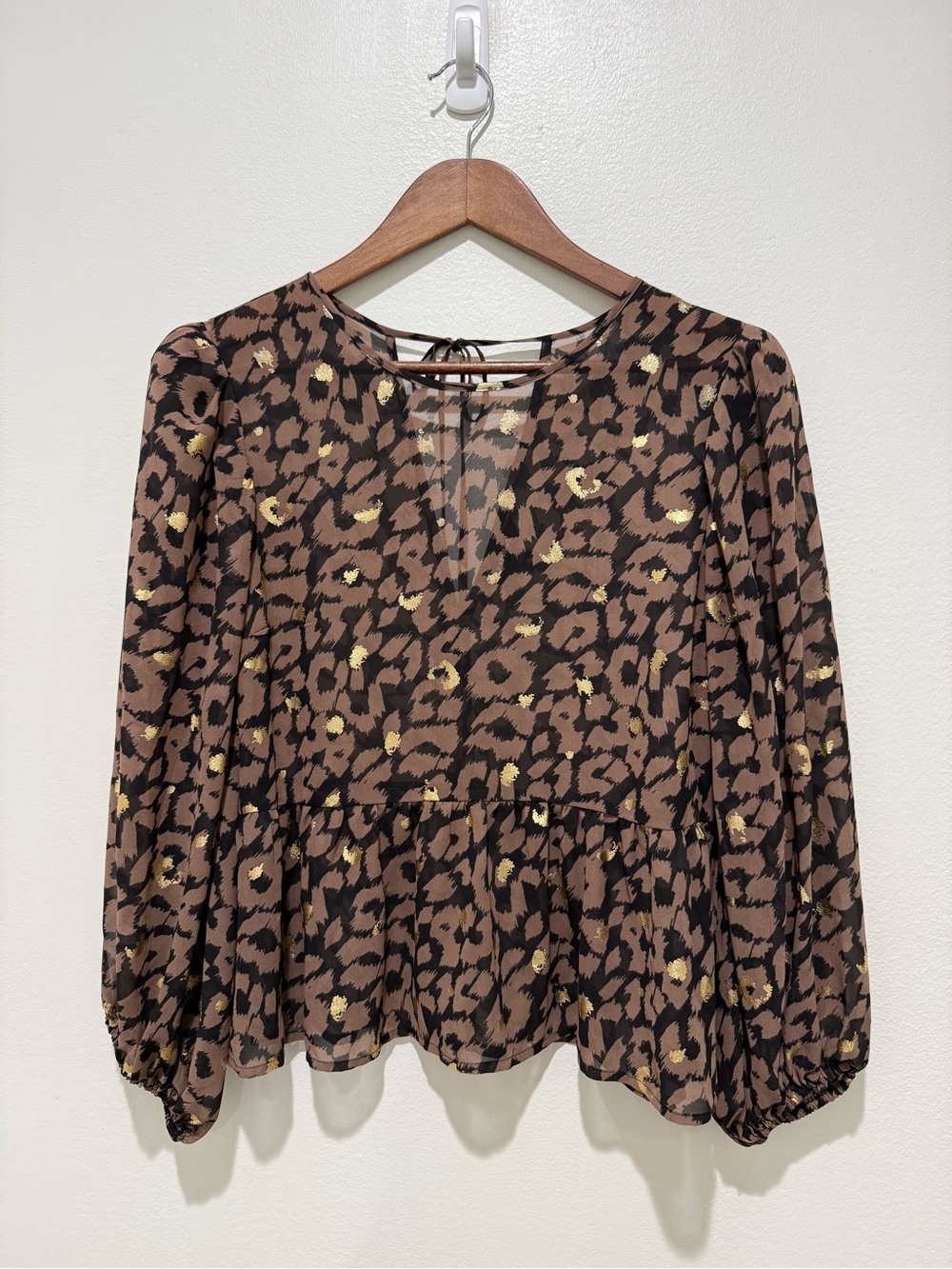 Express Brown Leopard Print Top Sheer Tie Metallic Gold Puffed Shirt Size Medium